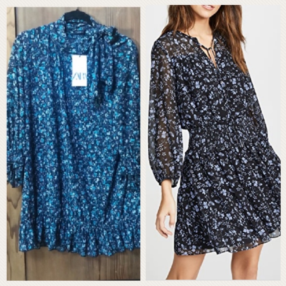NWT Zara Liberty Floral SemiSheer Flowy Blue Dress